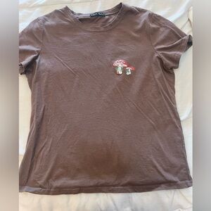 SHEIN Brown T-Shirt with Mushroom Embroidery